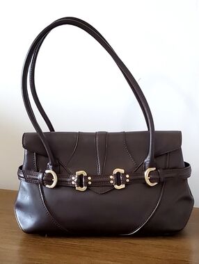 Via Spiga Dark Brown Leather Brushed Gold Tone Horsebit Hardware Shoulder Bag
